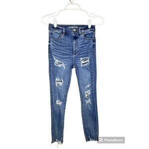 Garage Blue Jean Denim Ultra High Rise High Waisted Distressed Raw Hem Size 24